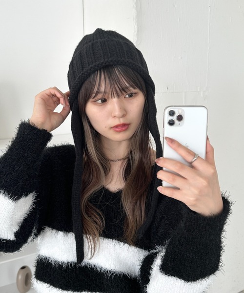 CLEA（クレア）の「耳当て付きリブニット帽（ニットキャップ/ビーニー・レディース・ブラウン/レッド/アイボリー/ブラック・FREE）」の10枚目の写真