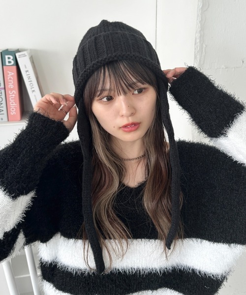 CLEA（クレア）の「耳当て付きリブニット帽（ニットキャップ/ビーニー・レディース・ブラウン/レッド/アイボリー/ブラック・FREE）」の12枚目の写真