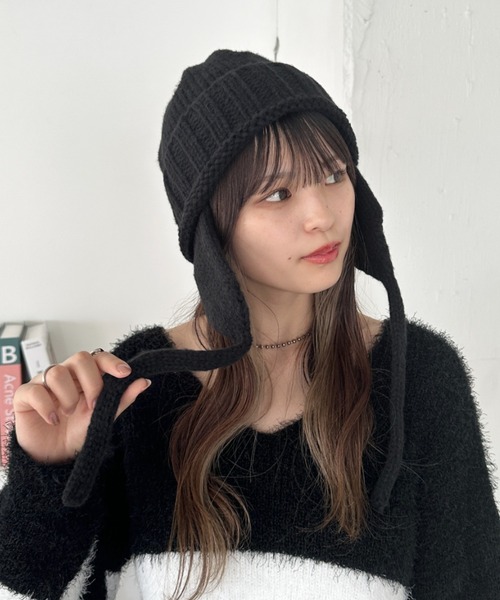 CLEA（クレア）の「耳当て付きリブニット帽（ニットキャップ/ビーニー・レディース・ブラウン/レッド/アイボリー/ブラック・FREE）」の13枚目の写真