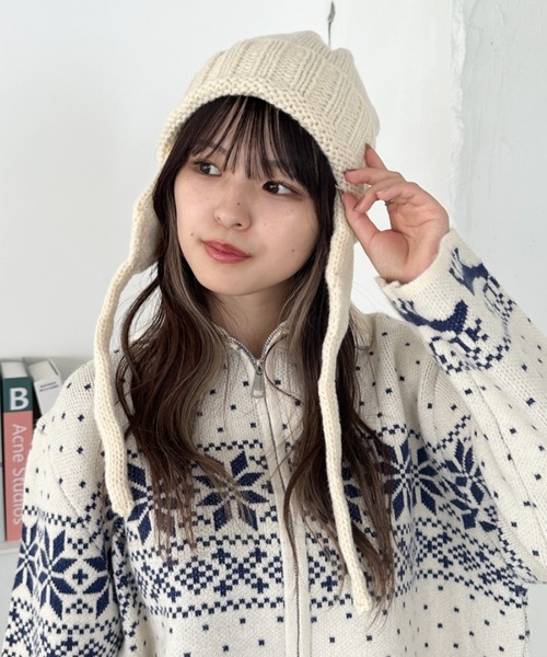 CLEA（クレア）の「耳当て付きリブニット帽（ニットキャップ/ビーニー・レディース・ブラウン/レッド/アイボリー/ブラック・FREE）」の5枚目の写真