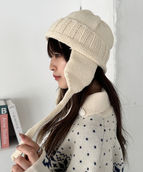 CLEA（クレア）の「耳当て付きリブニット帽（ニットキャップ/ビーニー・レディース・ブラウン/レッド/アイボリー/ブラック・FREE）」の7枚目の写真