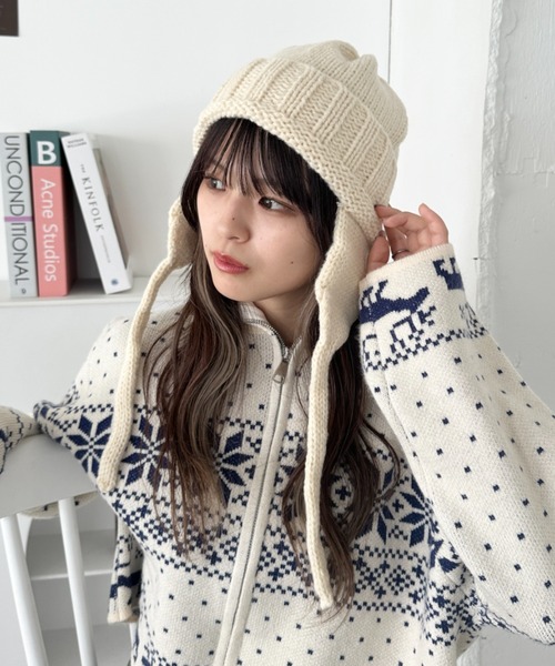 CLEA（クレア）の「耳当て付きリブニット帽（ニットキャップ/ビーニー・レディース・ブラウン/レッド/アイボリー/ブラック・FREE）」の8枚目の写真