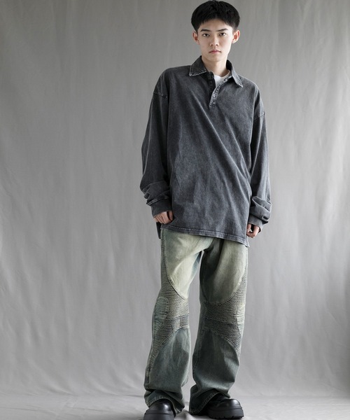 aimoha（アイモハ）の「【aimoha neo】Vintage Washed Polo Sweatshirt（ポロシャツ・メンズ・ブラック・SMALL/MEDIUM/LARGE/X-LARGE/XX-LARGE）」の4枚目の写真