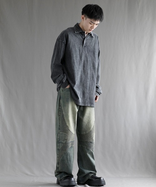 aimoha（アイモハ）の「【aimoha neo】Vintage Washed Polo Sweatshirt（ポロシャツ・メンズ・ブラック・SMALL/MEDIUM/LARGE/X-LARGE/XX-LARGE）」の8枚目の写真