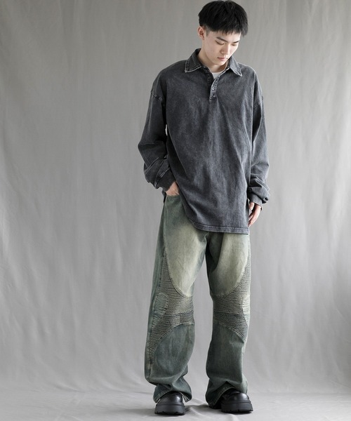 aimoha（アイモハ）の「【aimoha neo】Vintage Washed Polo Sweatshirt（ポロシャツ・メンズ・ブラック・SMALL/MEDIUM/LARGE/X-LARGE/XX-LARGE）」の12枚目の写真
