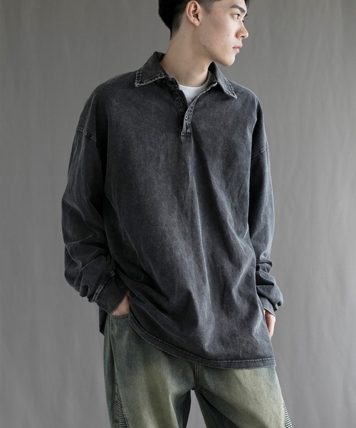 aimoha（アイモハ）の「【aimoha neo】Vintage Washed Polo Sweatshirt（ポロシャツ・メンズ・ブラック・SMALL/MEDIUM/LARGE/X-LARGE/XX-LARGE）」の19枚目の写真