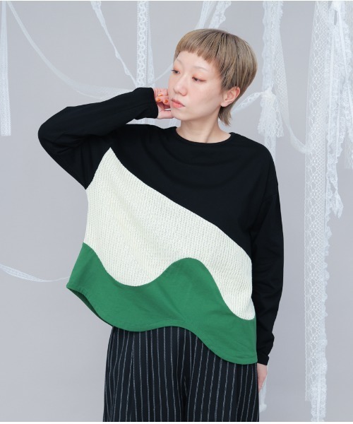 【セール】ウェーブバイカラー切り替えTシャツ（Tシャツ/カットソー）｜unica（ユニカ）