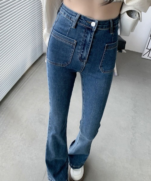 裏起毛あり】レディース 美シルエットフレアハイウエストデニムパンツ