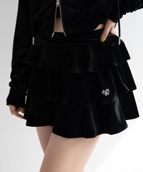 dispark（ディスパーク）の「DISPARK/ハイウエストベロアフリルスカート（スカート・レディース・ピンク/ブラック・FREE）」の2枚目の写真