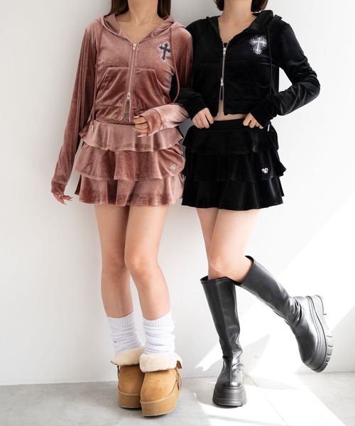 dispark（ディスパーク）の「DISPARK/ハイウエストベロアフリルスカート（スカート・レディース・ピンク/ブラック・FREE）」の3枚目の写真