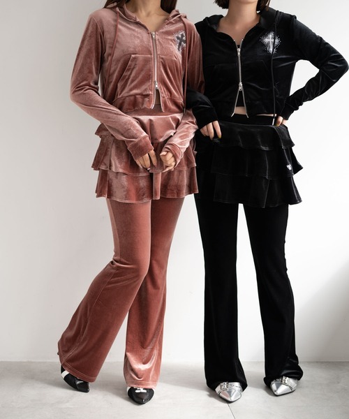 dispark（ディスパーク）の「DISPARK/ハイウエストベロアフリルスカート（スカート・レディース・ピンク/ブラック・FREE）」の4枚目の写真