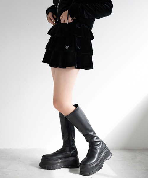 dispark（ディスパーク）の「DISPARK/ハイウエストベロアフリルスカート（スカート・レディース・ピンク/ブラック・FREE）」の8枚目の写真