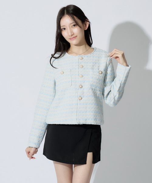 ALLuRing ChaRm（アリュリングチャーム）の「Gold Button Short Tweed Jacket / ゴールドボタンショート丈ツイードジャケット（ノーカラージャケット・レディース・ブラック/ブルー・FREE）」の9枚目の写真