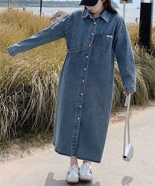 セール】デニムロングシャツワンピース（シャツワンピース）｜FREE