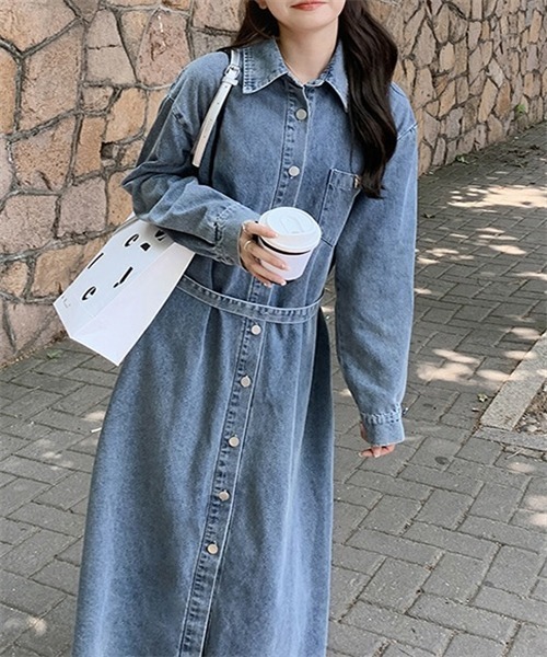 セール】デニムロングシャツワンピース（シャツワンピース）｜FREE