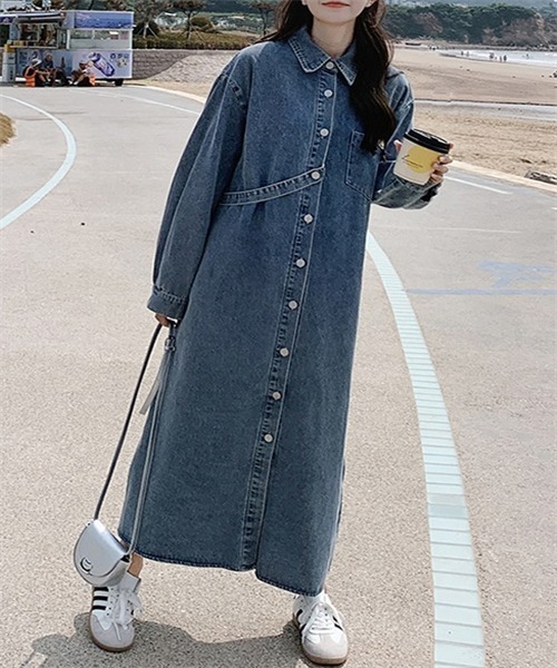 FREE STYLISTS（フリー スタイリスト）の「デニムロングシャツワンピース（シャツワンピース・レディース・ブルー・M/L/XL/2XL）」の8枚目の写真