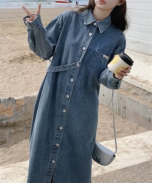 FREE STYLISTS（フリー スタイリスト）の「デニムロングシャツワンピース（シャツワンピース・レディース・ブルー・M/L/XL/2XL）」の13枚目の写真