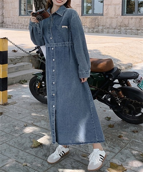 FREE STYLISTS（フリー スタイリスト）の「デニムロングシャツワンピース（シャツワンピース・レディース・ブルー・M/L/XL/2XL）」の10枚目の写真