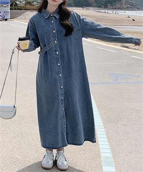 FREE STYLISTS（フリー スタイリスト）の「デニムロングシャツワンピース（シャツワンピース・レディース・ブルー・M/L/XL/2XL）」の3枚目の写真