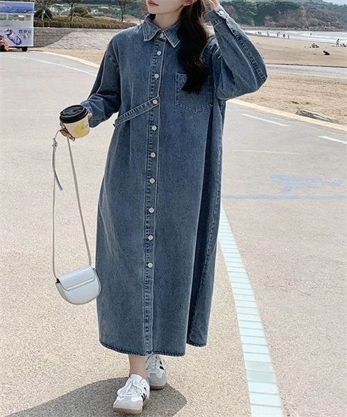 FREE STYLISTS（フリー スタイリスト）の「デニムロングシャツワンピース（シャツワンピース・レディース・ブルー・M/L/XL/2XL）」の6枚目の写真
