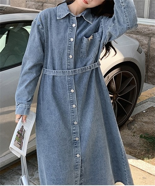 FREE STYLISTS（フリー スタイリスト）の「デニムロングシャツワンピース（シャツワンピース・レディース・ブルー・M/L/XL/2XL）」の11枚目の写真