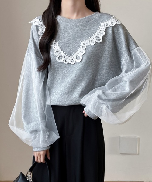 袖ボリュウームチュールドッキングスウェットプルオーバー（スウェット）｜Diosfront（ディオスフロント）