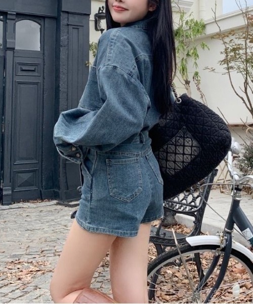 【美品】デニム セットアップ ウエストゴム XL デニムジャケット パンツ セットアップ】ショート丈デニムジャケット / ワイドパンツ