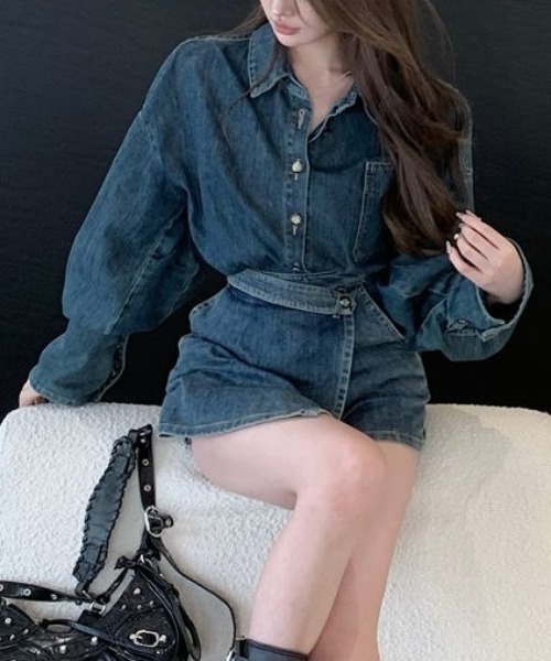 セール】【セットアップ】デニムシャツ＋デニムスカパン 上下2点