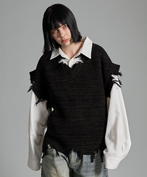VELNUS（ベルナス）の「【VELNUS】Loose silhouette melange V-neck damaged knit vest/ルーズシルエットメランジＶネックダメージニットベスト（ベスト・メンズ・ライトグレー/ブラック/チャコールグレー・L/M/S）」の5枚目の写真