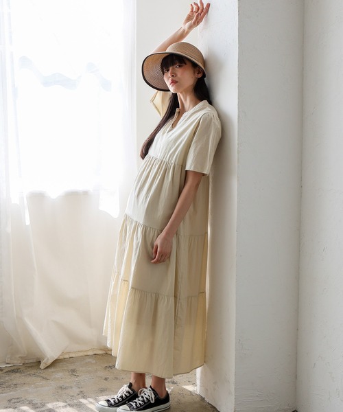 セール】ギャザーたっぷり Vネックティアードマキシワンピ セール】ギャザーたっぷり Vネックティアードマキシワンピ