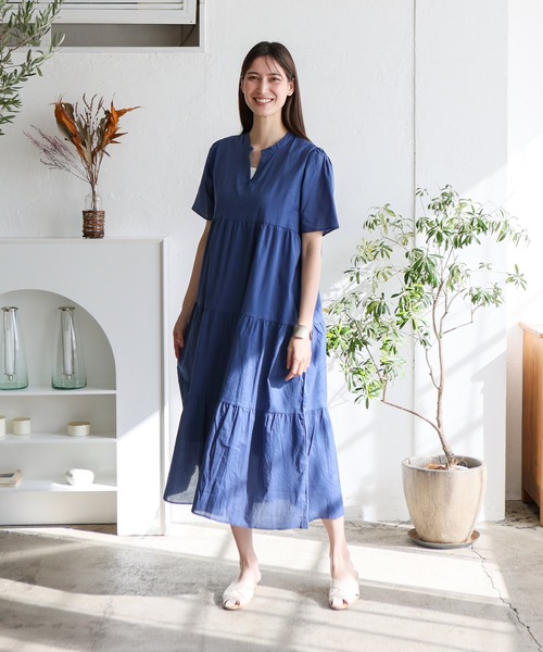 No Rule No Line（ノール－ルノーライン）の「ギャザーたっぷり Vネックティアードマキシワンピ（ワンピース・レディース・ブルー/アイボリー/ブラック/ベージュ系・FREE）」の7枚目の写真