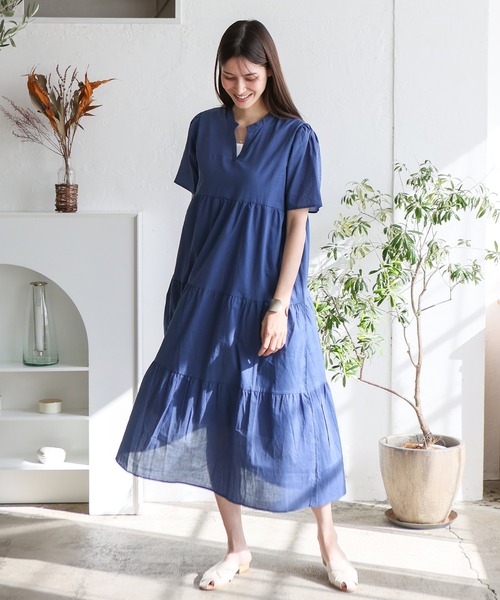 美品✨エブール ebure ギャザー Vネック ワンピース マキシ丈 濃紺 エブール キーネック ワンピース ウエストギャザー ネイビー