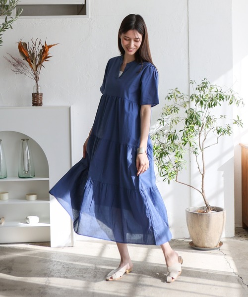 No Rule No Line（ノール－ルノーライン）の「ギャザーたっぷり Vネックティアードマキシワンピ（ワンピース・レディース・ブルー/アイボリー/ブラック/ベージュ系・FREE）」の10枚目の写真