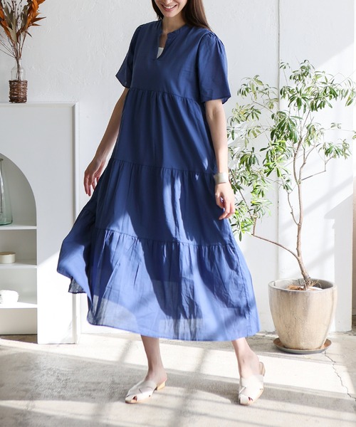 No Rule No Line（ノール－ルノーライン）の「ギャザーたっぷり Vネックティアードマキシワンピ（ワンピース・レディース・ブルー/アイボリー/ブラック/ベージュ系・FREE）」の5枚目の写真