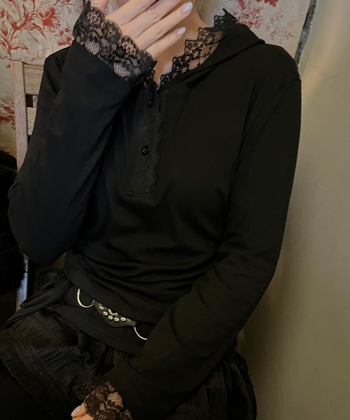 tシャツ フードレースtops レディース レースプリント×ストライプTシャツ』