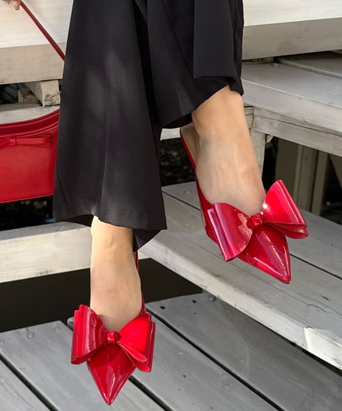 フレイアイディー リボンミュールサンダル　今期　レッド　ブラウン　パンプス フレイアイディー リボンミュールサンダル 今期 レッド ブラウン