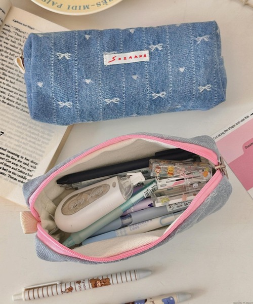 セール】Liaa/デニム ハート柄 リボン柄 ペンケース ポーチ A18566