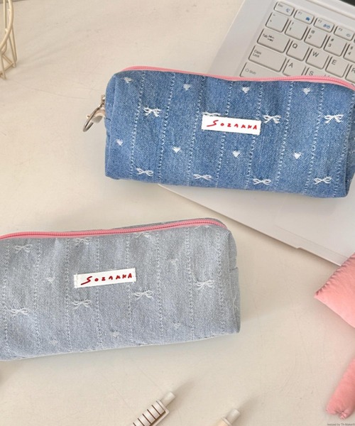 セール】Liaa/デニム ハート柄 リボン柄 ペンケース ポーチ A18566