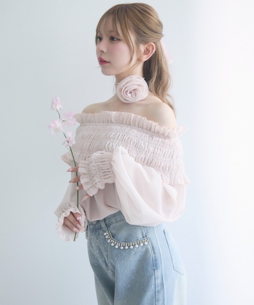 【限定セール！】 セール】シャーリングフリルオフショルトップス（シャツ トップス