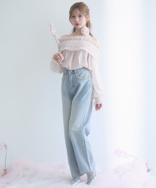 夏にぴったり♪ゆったりシャーリングフリルトップス シャーリングフリルオフショルトップス（シャツ/ブラウス