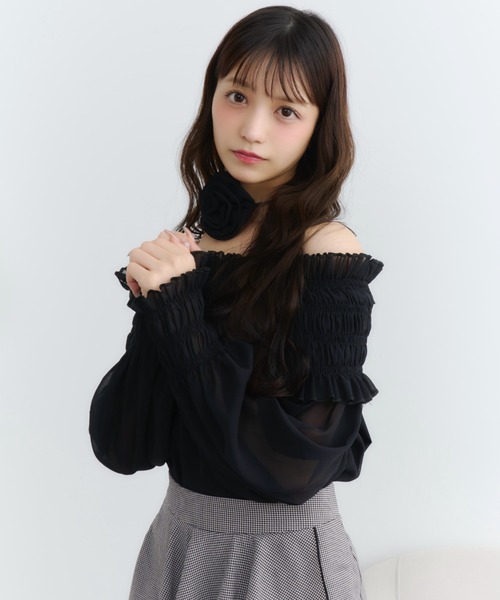 tシャツ シャーリングカットソーフリルブラウス レディース FREAK'S STORE ブラウス シャツ 花柄 シャーリングトップス