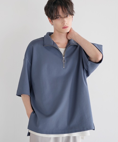 LILL（リル）の「サイドスリットコットンポンチビッグシルエットシルケットライク5分袖ドレープハーフジップカットソー（Tシャツ/カットソー・メンズ・ホワイト×ブラック/ブラック/ブルーグレー/ブルー系/ホワイト/ブラック×ホワイト・S/M/L/XL）」の5枚目の写真