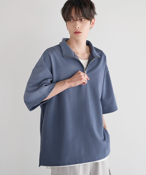 LILL（リル）の「サイドスリットコットンポンチビッグシルエットシルケットライク5分袖ドレープハーフジップカットソー（Tシャツ/カットソー・メンズ・ホワイト×ブラック/ブラック/ブルーグレー/ブルー系/ホワイト/ブラック×ホワイト・S/M/L/XL）」の21枚目の写真