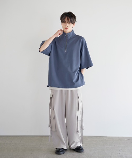 LILL（リル）の「サイドスリットコットンポンチビッグシルエットシルケットライク5分袖ドレープハーフジップカットソー（Tシャツ/カットソー・メンズ・ホワイト×ブラック/ブラック/ブルーグレー/ブルー系/ホワイト/ブラック×ホワイト・S/M/L/XL）」の22枚目の写真