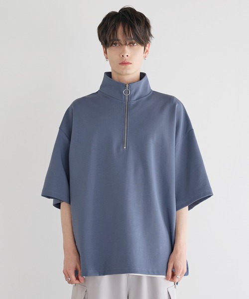 LILL（リル）の「サイドスリットコットンポンチビッグシルエットシルケットライク5分袖ドレープハーフジップカットソー（Tシャツ/カットソー・メンズ・ホワイト×ブラック/ブラック/ブルーグレー/ブルー系/ホワイト/ブラック×ホワイト・S/M/L/XL）」の12枚目の写真