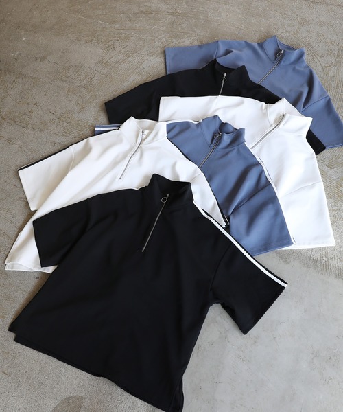 LILL（リル）の「サイドスリットコットンポンチビッグシルエットシルケットライク5分袖ドレープハーフジップカットソー（Tシャツ/カットソー・メンズ・ホワイト×ブラック/ブラック/ブルーグレー/ブルー系/ホワイト/ブラック×ホワイト・S/M/L/XL）」の11枚目の写真