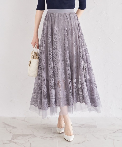 tocco closet(トッコ クローゼット)の「裾ビーズ付きレース×チュールフレアスカート(スカート・レディース・グレー/ピンク/アイボリー・M)」の1枚目の写真