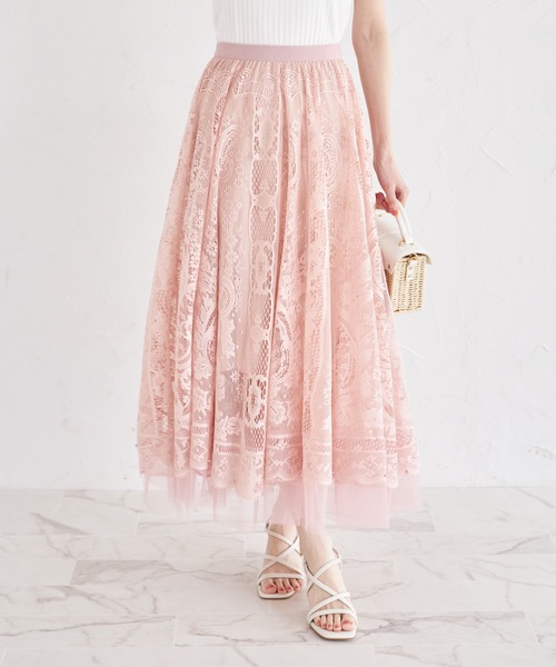 tocco closet(トッコ クローゼット)の「裾ビーズ付きレース×チュールフレアスカート(スカート・レディース・グレー/ピンク/アイボリー・M)」の3枚目の写真
