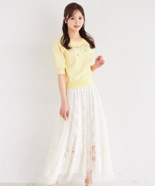 tocco closet(トッコ クローゼット)の「裾ビーズ付きレース×チュールフレアスカート(スカート・レディース・グレー/ピンク/アイボリー・M)」の7枚目の写真
