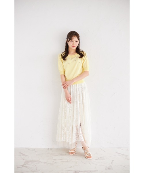 tocco closet(トッコ クローゼット)の「裾ビーズ付きレース×チュールフレアスカート(スカート・レディース・グレー/ピンク/アイボリー・M)」の4枚目の写真